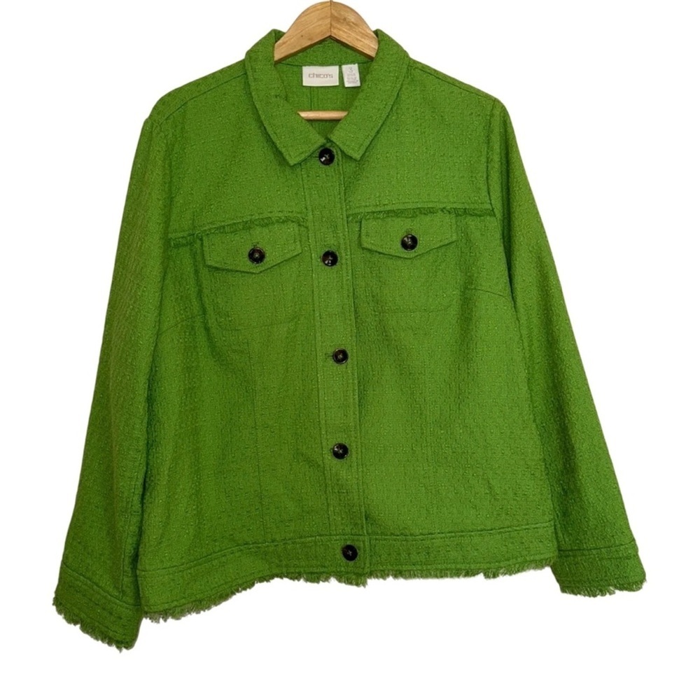 Chico’s Green Textured Tweed Fringe Jacket Size 3/